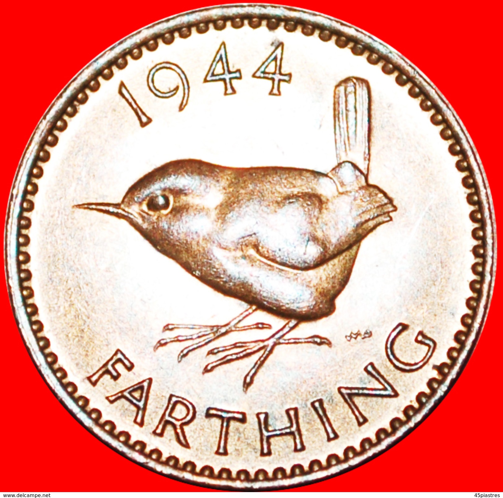 § WREN: UNITED KINGDOM &#x2605; FARTHING 1944! George VI (1937-1952) LOW START&#x2605; NO RESERVE! - B. 1 Farthing