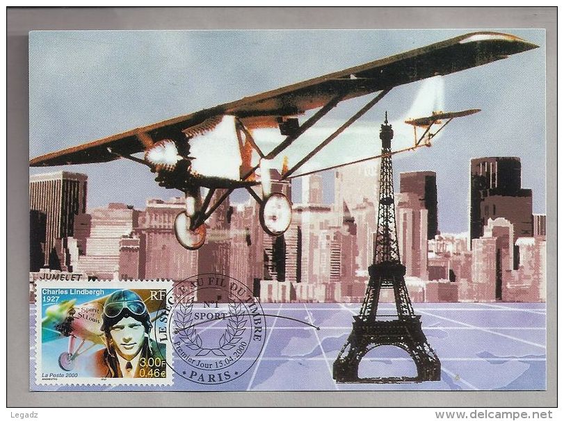 Carte 1er Jour - 15.04.2000 - Paris (75) - 0,46 EUR. Charles Lindberg - Le Siècle Au Fil Du Timbre - Flieger