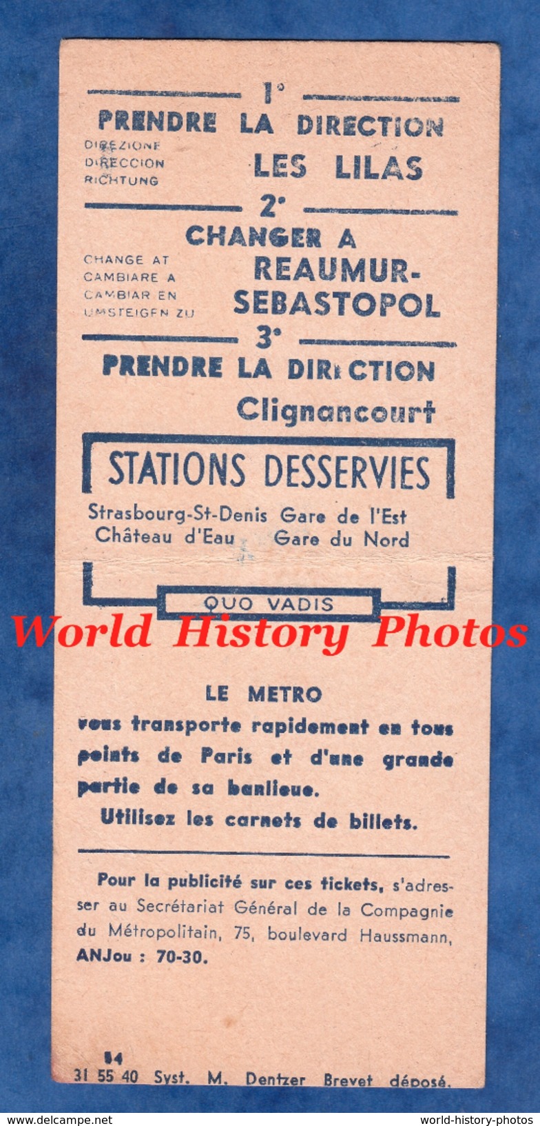 Carte De Métro Ticket ?- Prendre Direction LES LILAS - Ligne Métropolitain - Changer à REAUMUR SEBASTOPOL - Clignancourt - Europe