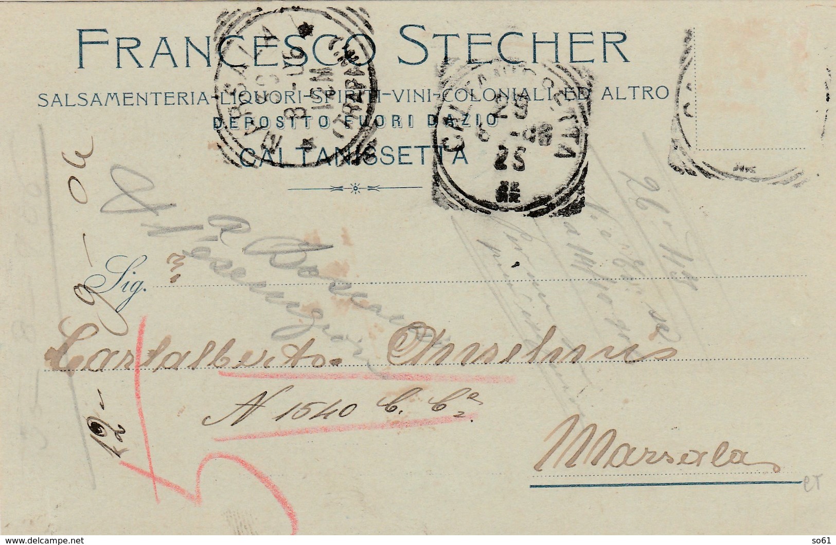 6003.   Da Francesco Stecher Salsamenteria Liquori Spiriti Vini Coloniali Caltanissetta Per Marsala 1906 - Poststempel