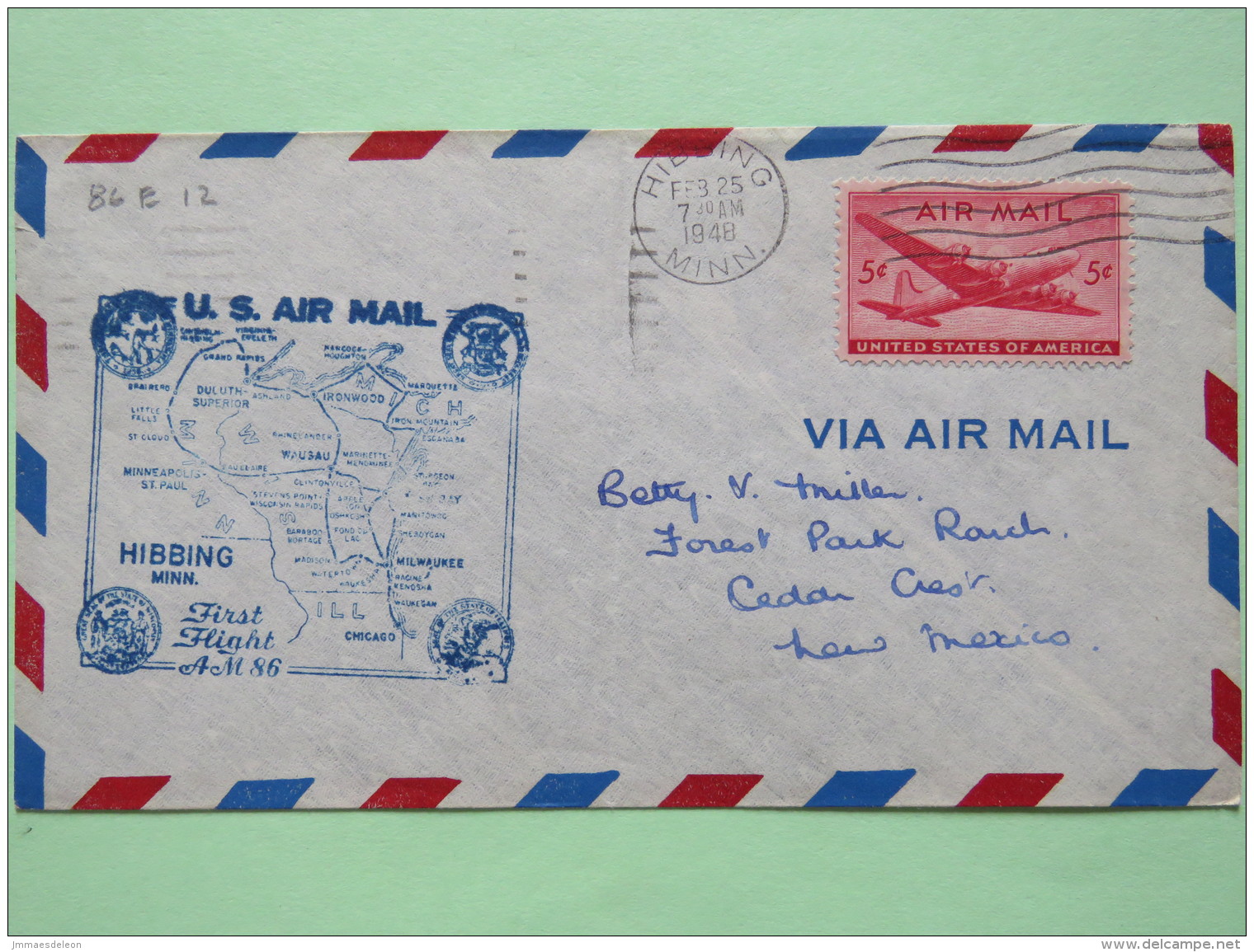 USA 1948 First Flight Cover Hibbing (Milwaukee Back Cancel) To Cedar Crest - Plane - Map - Covers & Documents