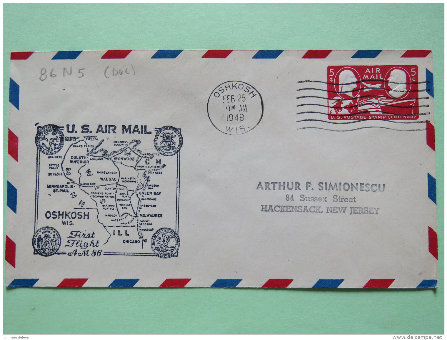 USA 1948 First Flight Stationery Cover Oshkosh (Duluth Back Cancel) To Hackenstack - Plane Ship Train - Map - Brieven En Documenten