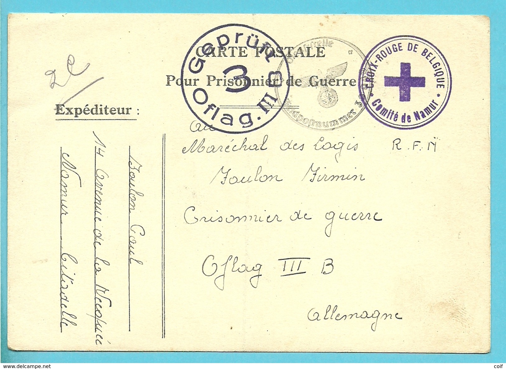 Postkaart "Prisonnier De Guerre" + Stempel CROIX-ROUGE DE BELGIQUE / COMITE DE NAMUR,naar OFLAG III - Weltkrieg 1939-45 (Briefe U. Dokumente)