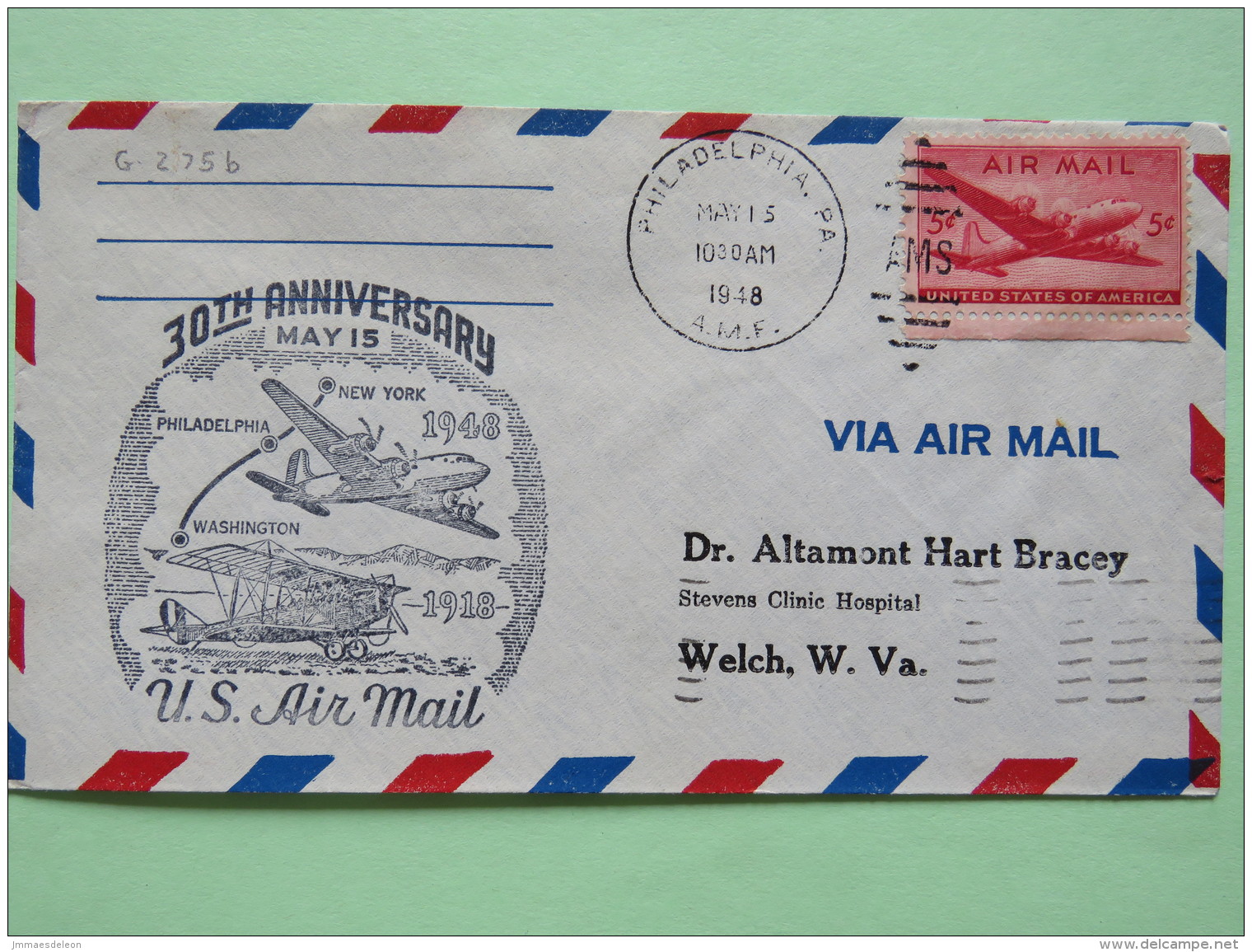 USA 1948 First Flight Cover Philadelphia (New York Back Cancel) To Welch - Plane - Planes - Lettres & Documents