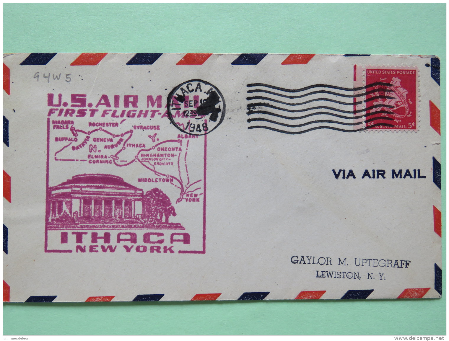 USA 1948 First Flight Cover Ithaca (Buffalo And Niagara Falls Back Cancel) To Lewiston - Plane - Map - Brieven En Documenten