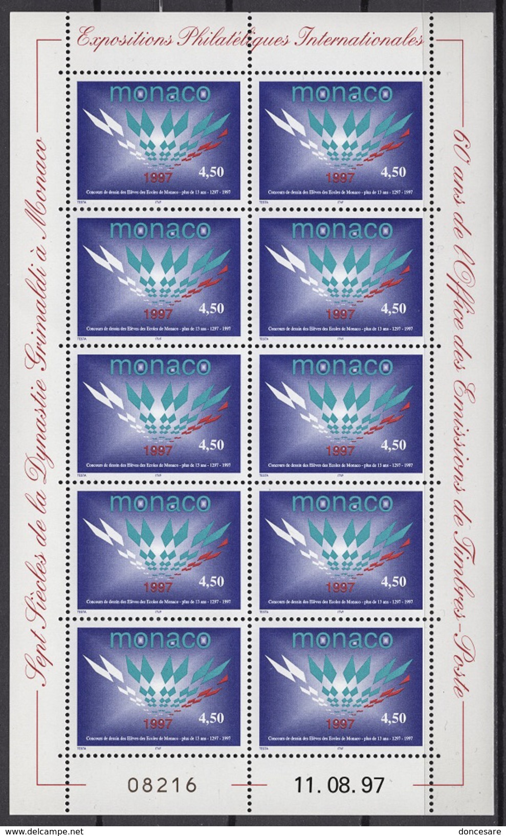 MONACO 1997  N° 2141  EN FEUILLE DE 10 TP  -  NEUFS ** BL15 - Blocks & Kleinbögen