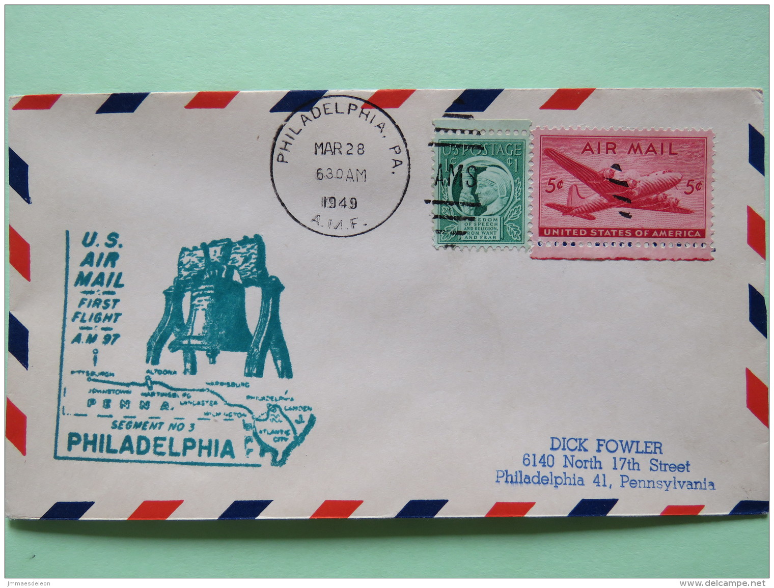 USA 1949 First Flight Cover Philadelphia (Pittsburgh Back Cancel) To Philadelphia - Plane - Freedom Of Speech - Bell - Brieven En Documenten