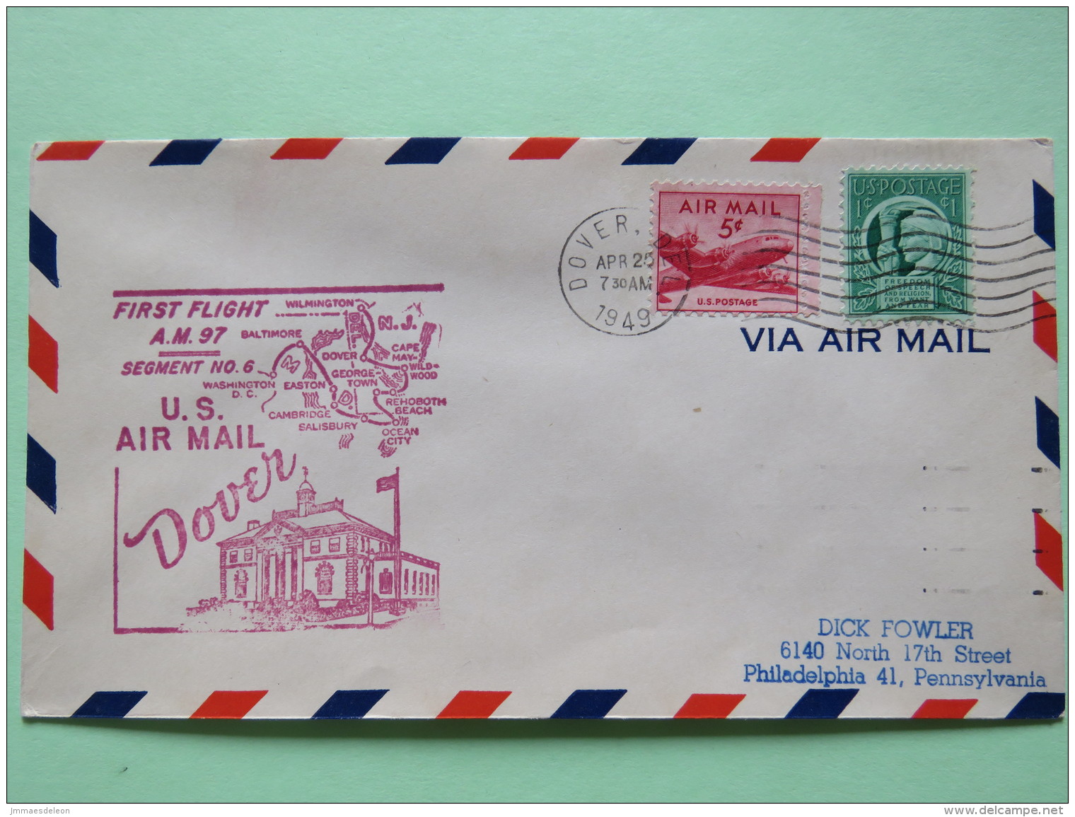 USA 1949 First Flight Cover Dover (Washington Back Cancel) To Philadelphia - Map - Plane - Freedom Of Speech - Covers & Documents