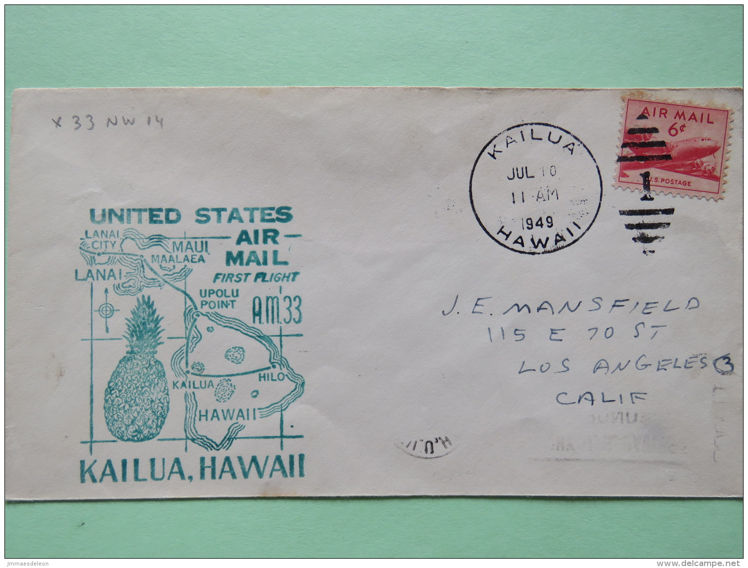 USA 1949 First Flight Cover Kailua Hawaii (Honolulu Back Cancel) To Los Angeles - Plane Pinneaple Map - Covers & Documents