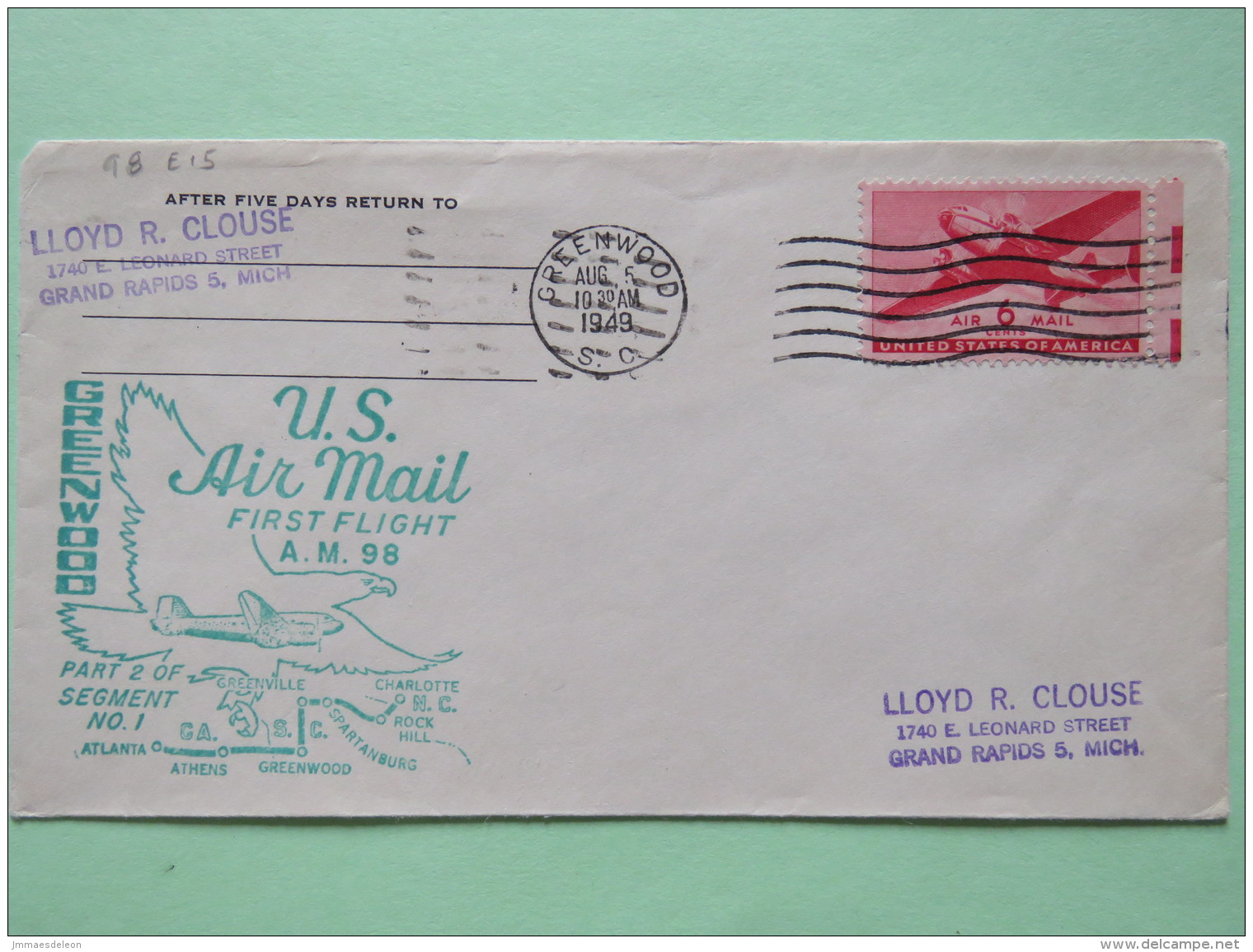 USA 1949 First Flight Cover Greenwood (Charlotte Back Cancel) To Grand Rapids - Eagle Plane - Covers & Documents