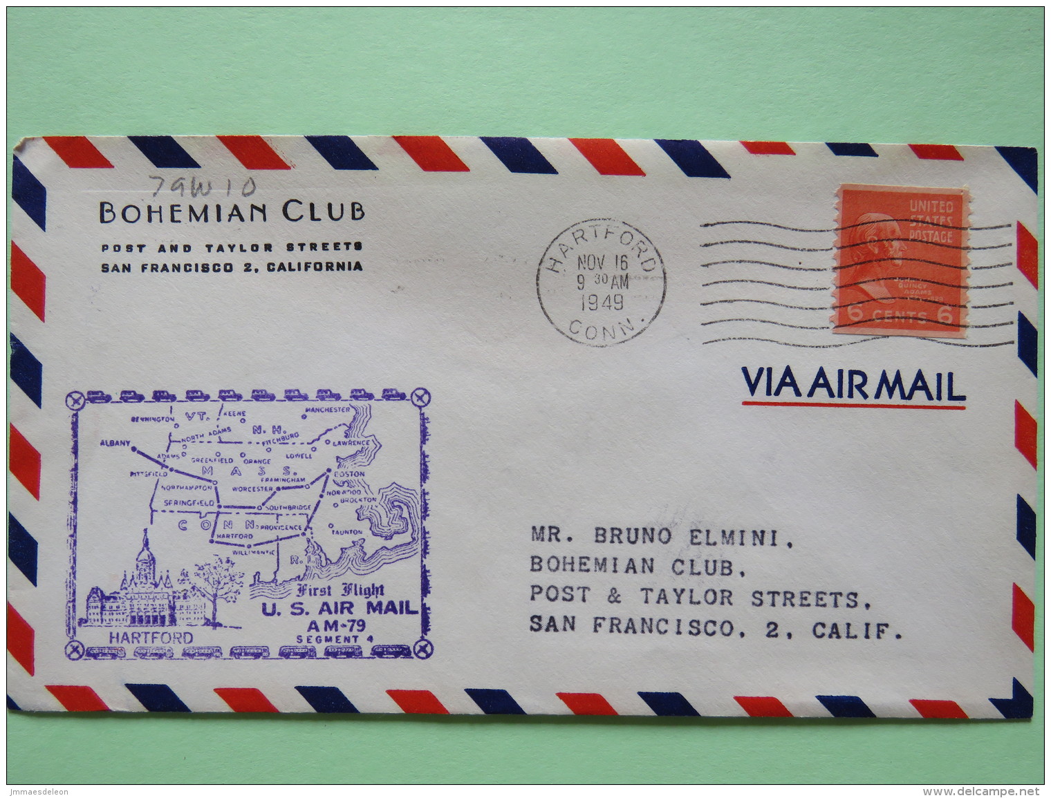 USA 1949 First Flight Cover Hartford (Springfield Back Cancel) To San Francisco - Map - Adams - Covers & Documents