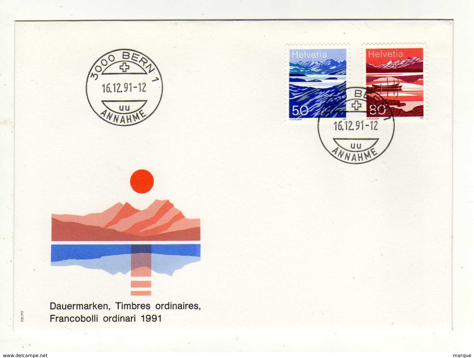 Enveloppe 1er Jour HELVETIA SUISSE Oblitération 3000 BERN 1 16/12/1991 - FDC