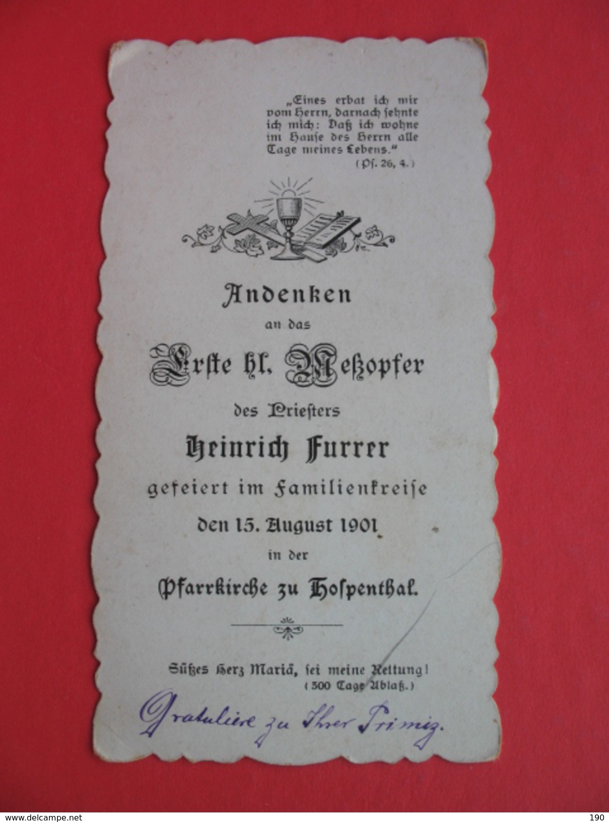Andenken An Das Erste Messopfer Des Priesters Heinrich Furrer.Pfarrkirche Zu Hospenthal - Images Religieuses