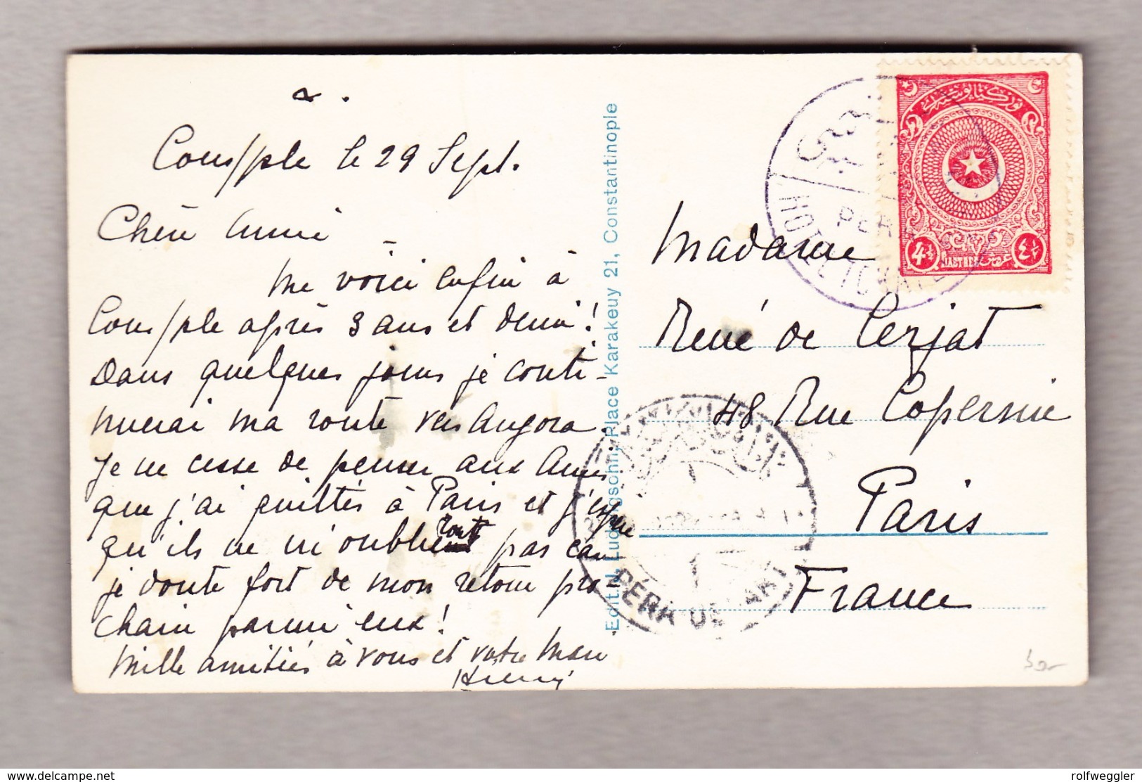 Türkei Constantinople 29.9.19?? Pera Hotel Stempel Mit 4 1/2Pi. Ansichtskarte Nach Paris - Lettres & Documents