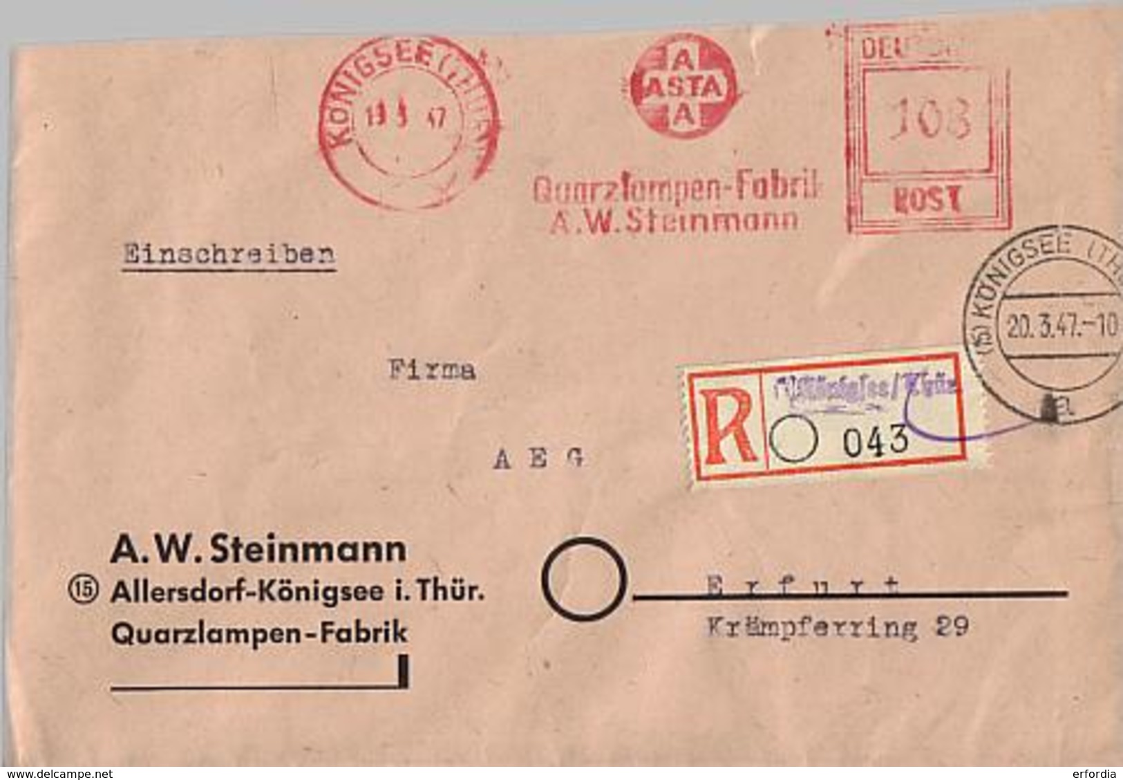 SBZ 1947 R-Brief Mit MaWSt. Firma ASTA Ab Allersdorf Königsee  [h250] - Sonstige & Ohne Zuordnung