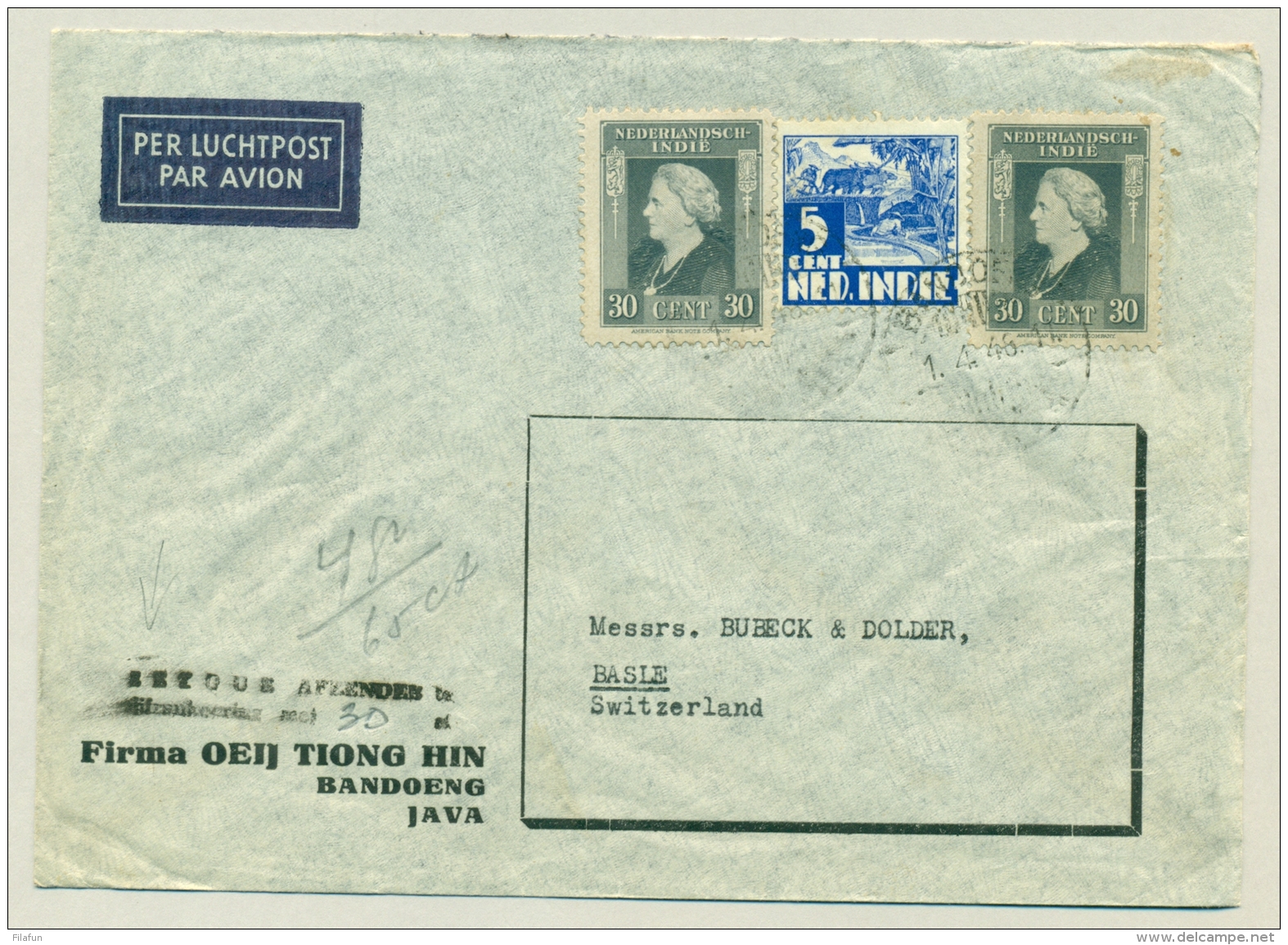 Nederlands Indië - 1946 - "Retour Afzender Te / Bijfrankering Met 30 Ct." Op Cover Van Bandoeng Naar Basle / Schweiz - Niederländisch-Indien