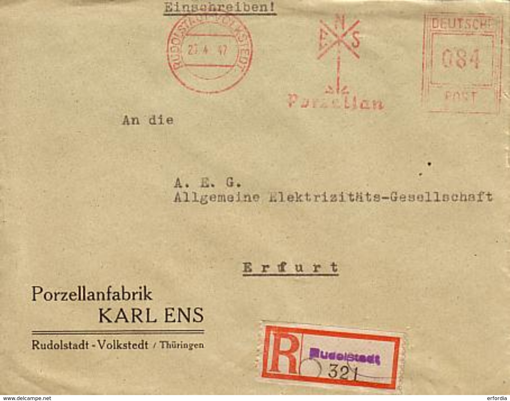 SBZ 1947 R-Brief Mit MaWSt. Firma ENS Porzellan Ab Rudolstadt Volkstedt  [h253] - Sonstige & Ohne Zuordnung