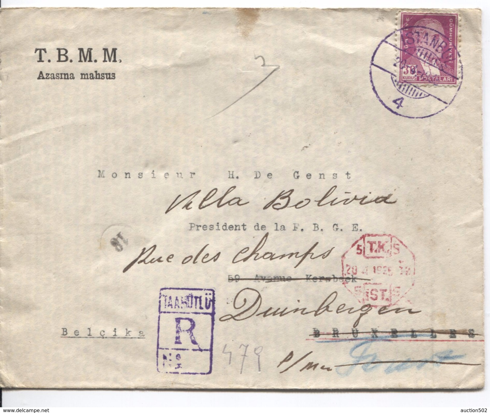 Turquie Registered Cover C.Istambul 20/4/1935 To Brussels Redirected To Duinbergen Cinderella PR4085 - Brieven En Documenten