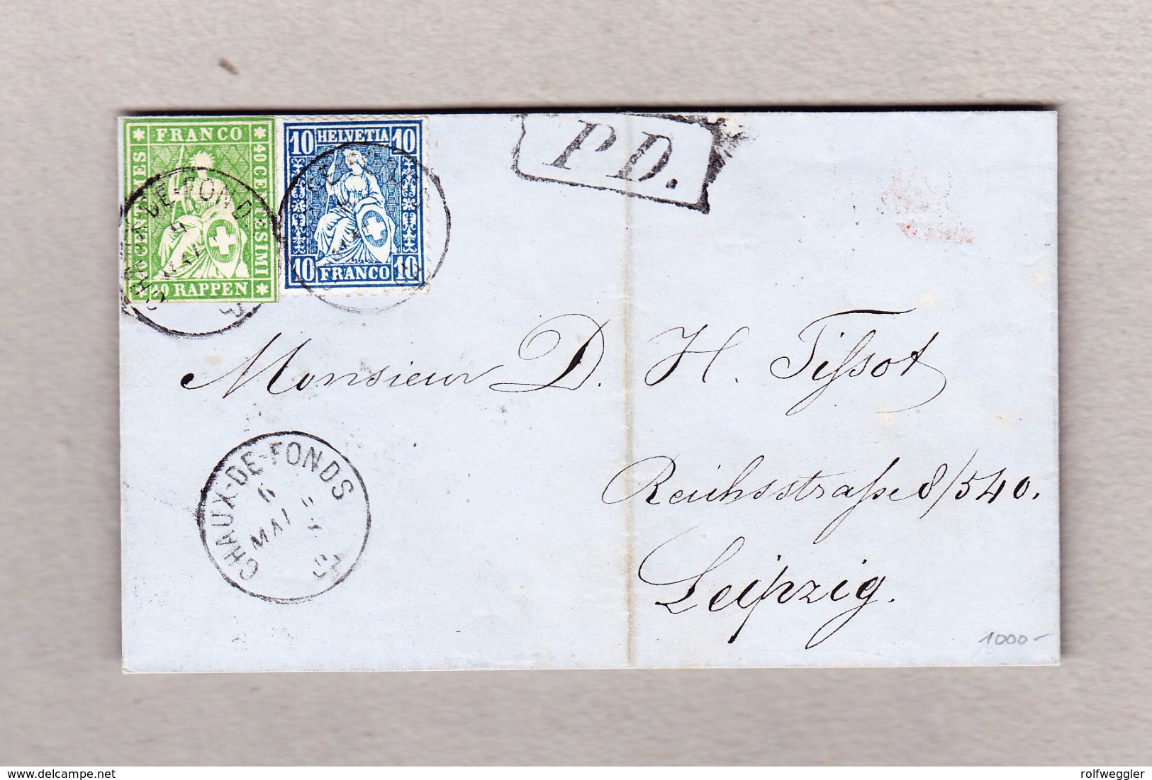 Schweiz 1863-05-06 Chaux-de-Fonds Faltbrief Nach Leipzig Mischfrankatur Strubel 40Rp Und Sitzende 10Rp Attest Guinand - Storia Postale