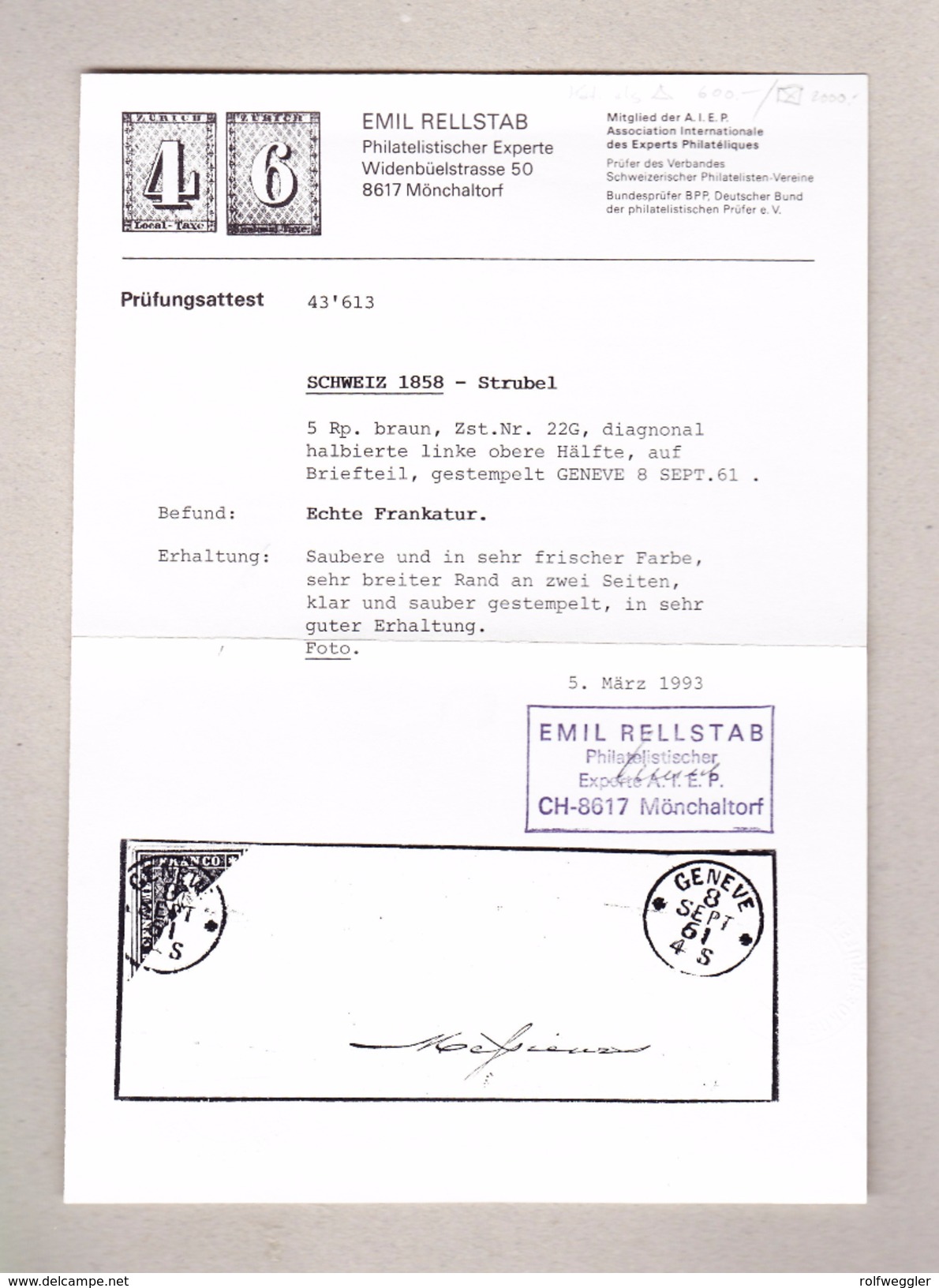 Schweiz 1858 5Rp Zu.#22G Diagonal Halbierte Linke Obere Hälfte Auf Briefteil Gest. Genève 8 Sept 1861 Attest Rellstab - Lettres & Documents