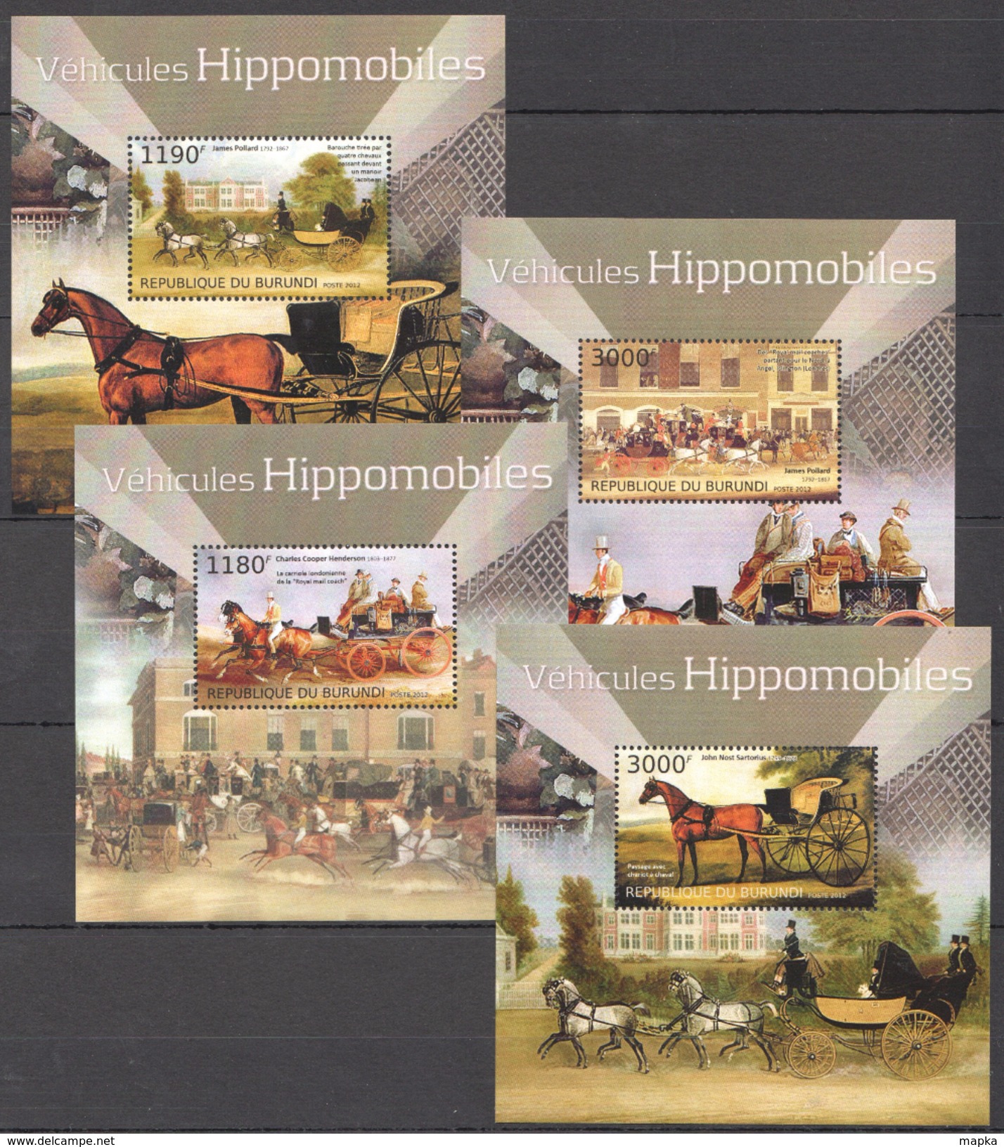 C49 2012 BURUNDI TRANSPORTATION HORSES VEHICULES HIPPOMOBILES 4LUX BL MNH - Sonstige (Land)