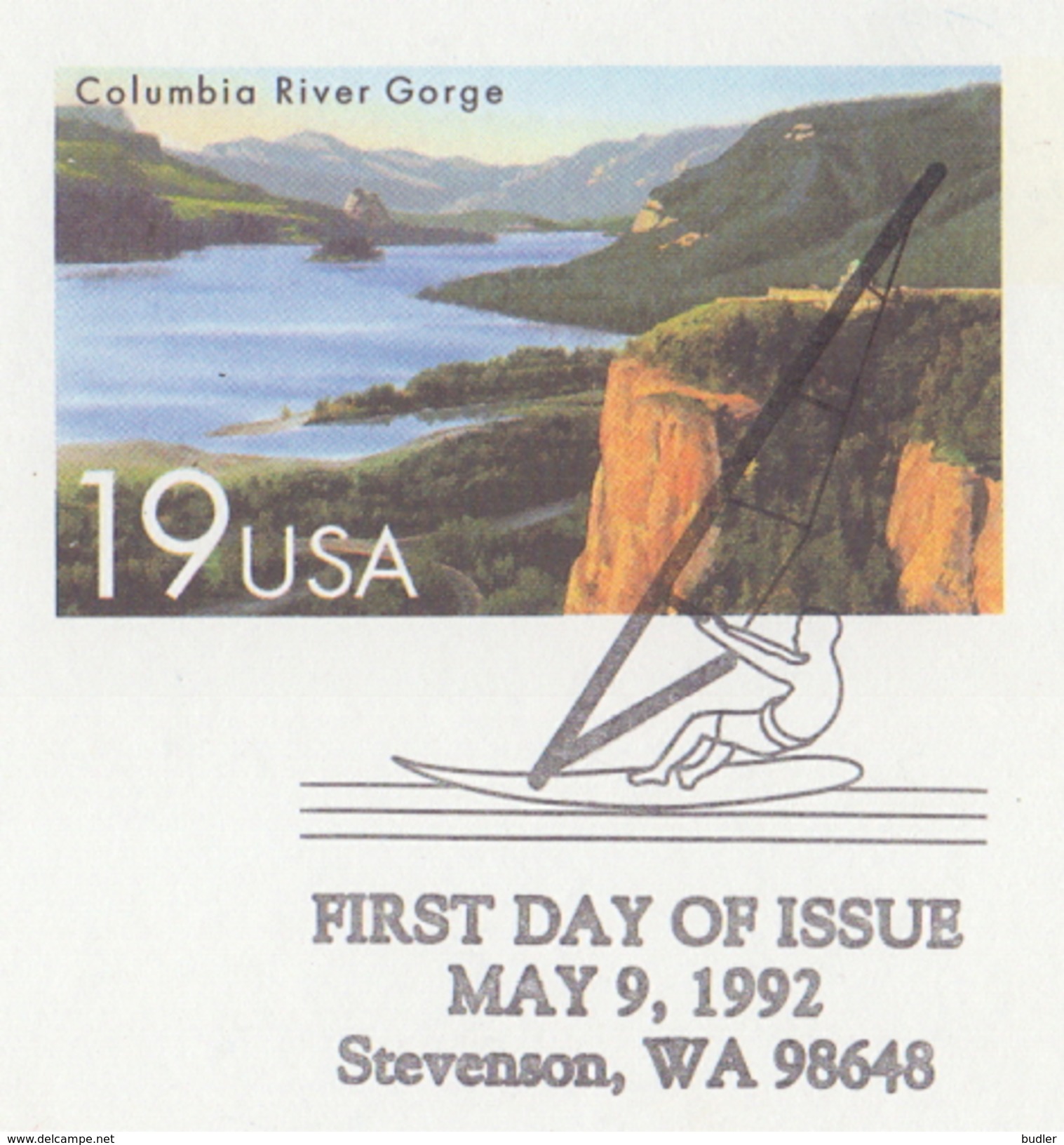 U.S.A.:Illustr. Date Cancell. On Post. St.:  ## 9-5-92 : Colubia River Gorge ## : SAILING,WINDSURFEN,SURFING, - Segeln