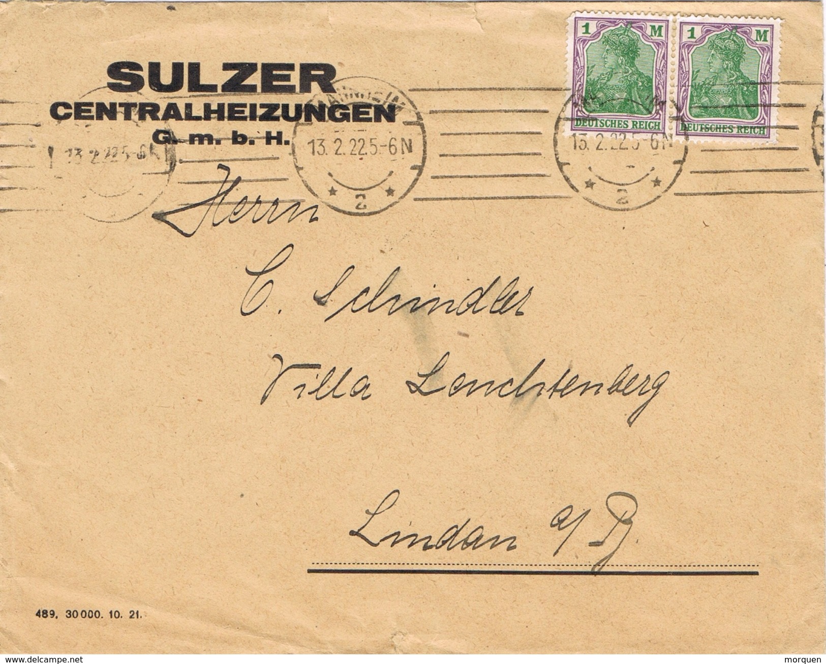 23383. Carta MANHEIM (Alemania Reich) 1922. Comercial Sulzer - Briefe U. Dokumente