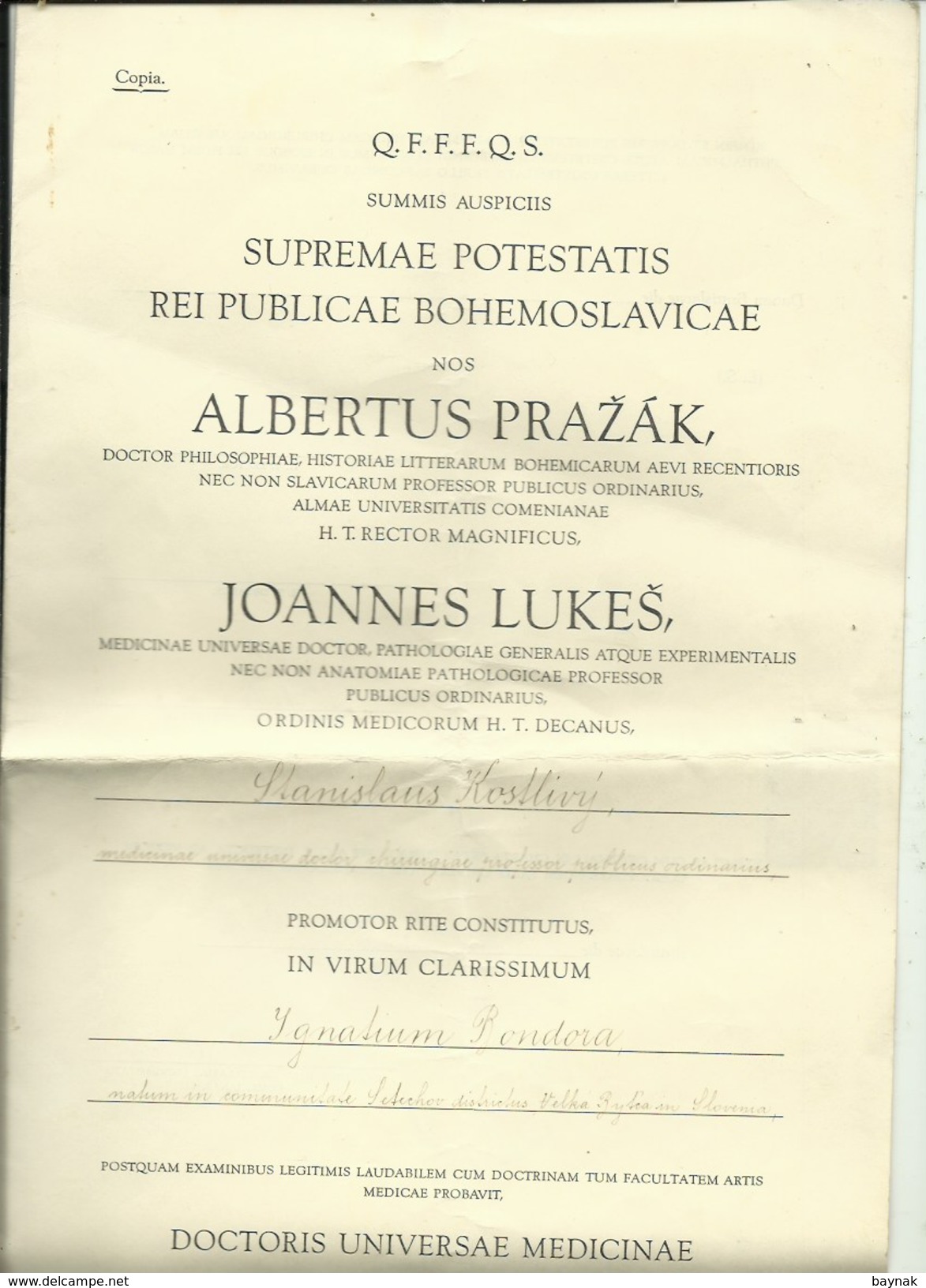 SLOVAKIA  --  BRATISLAVA  --  1928  --  DIPLOMA  --  DOCTORIS UNIVERSAE MEDICINAE  --  I. BONDORA  --   TAX STAMP - Diplome Und Schulzeugnisse