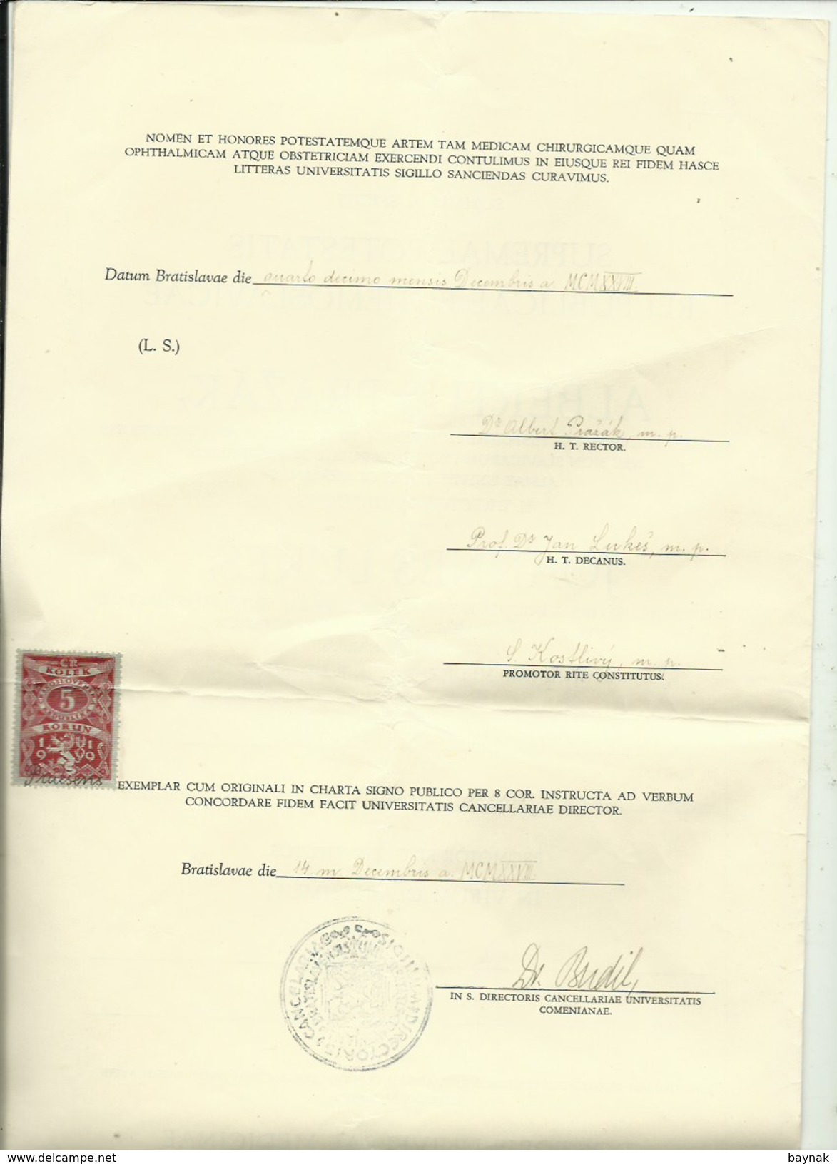 SLOVAKIA  --  BRATISLAVA  --  1928  --  DIPLOMA  --  DOCTORIS UNIVERSAE MEDICINAE  --  I. BONDORA  --   TAX STAMP - Diplome Und Schulzeugnisse