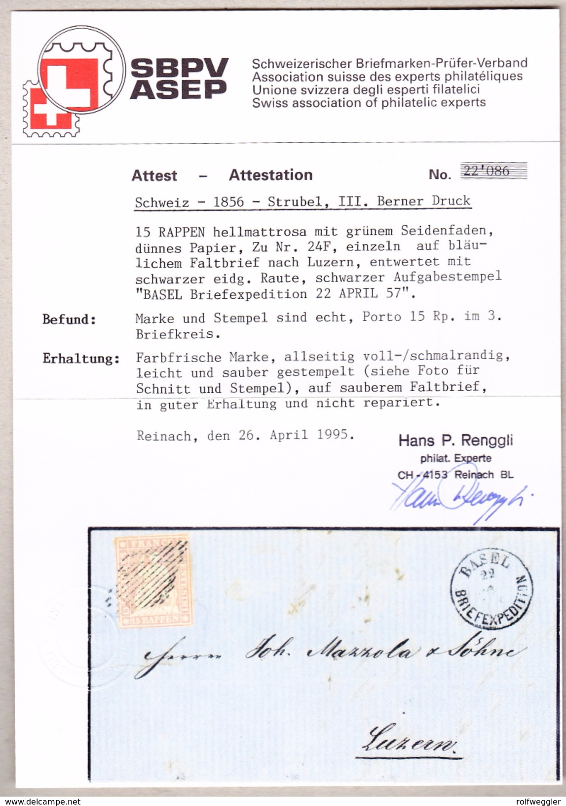 Schweiz Strubel 15Rp Zu#24F Einzelfrankatur Auf Brief Nach Luzern Mit Aufgabestempel Basel 22.4.1957 Attest Renggli - Lettres & Documents