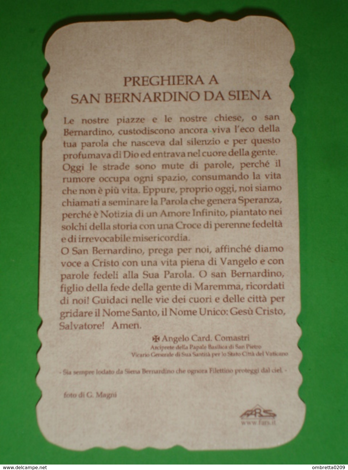 S.BERNARDINO Da Siena - Patrono Di FILETTINO, Frosinone, Lazio - Santino Recente - Serie F ARS FARS - Images Religieuses