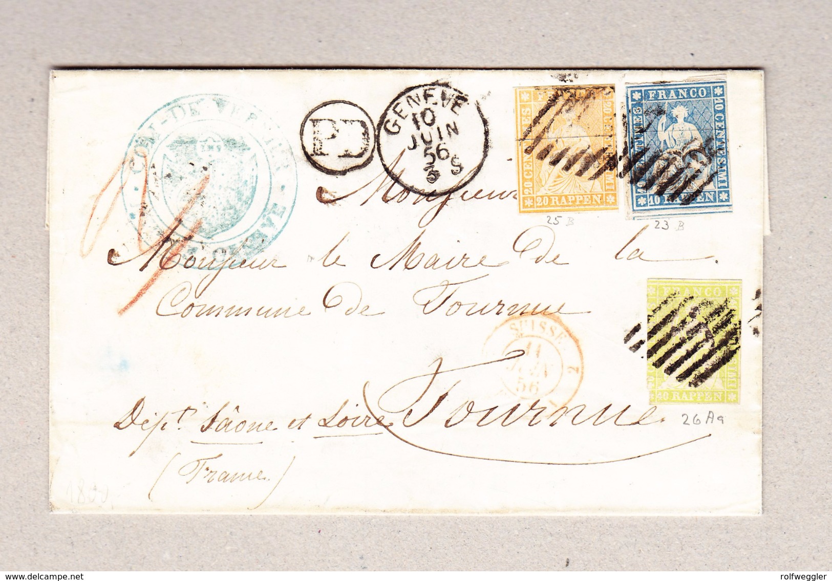 Schweiz 1856 (3 Farben Frankatur) Faltbrief Mit Kat. 26Aa, 23B, 25B Aus Genève 10.6.1856 Nach Tournus Frankreich - Lettres & Documents
