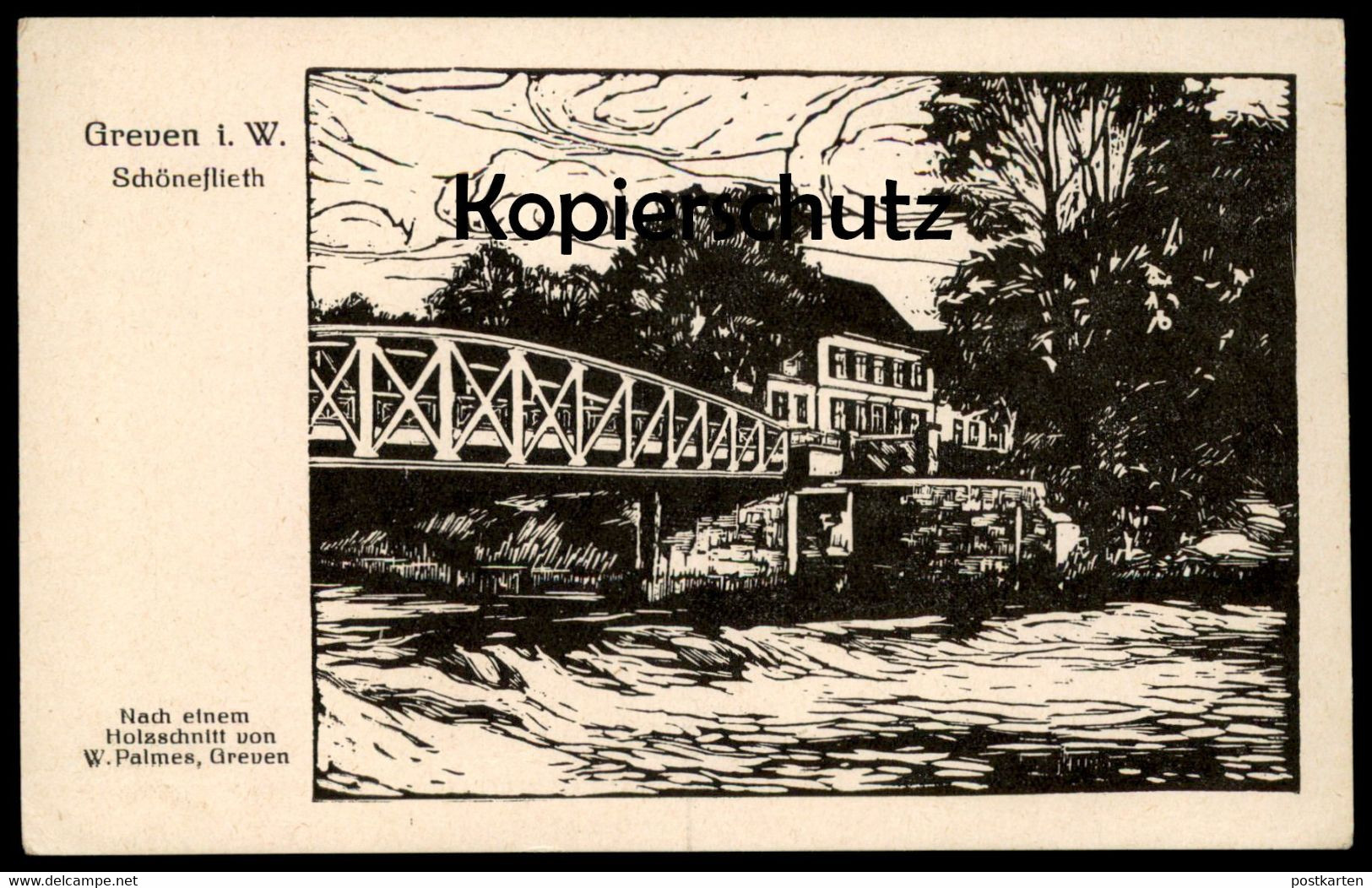 ALTE POSTKARTE GREVEN IN WESTFALEN SCHÖNEFLIETH HOLZSCHNITT W. PALMES LINOL Ansichtskarte Cpa AK Postcard - Greven