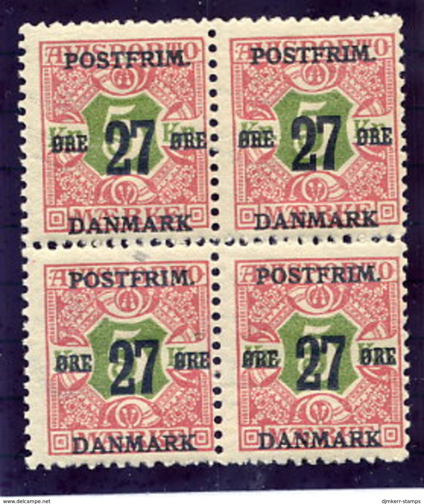 DENMARK 1918 Surcharge 27 Øre On 5 Kr Block Of 4 MNH / **.  Michel 95X - Nuevos