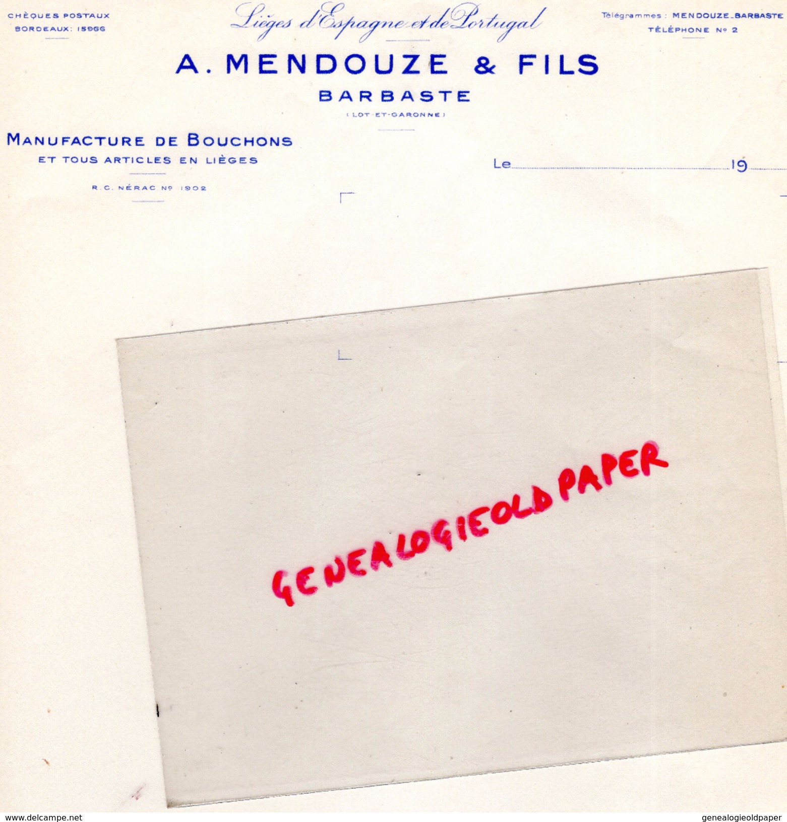 47 - BARBASTE - FACTURE A. MENDOUZE & FILS - MANUFACTURE DE BOUCHONS LIEGE- LIEGES D' ESPAGNE ET PORTUGAL- - 1900 – 1949