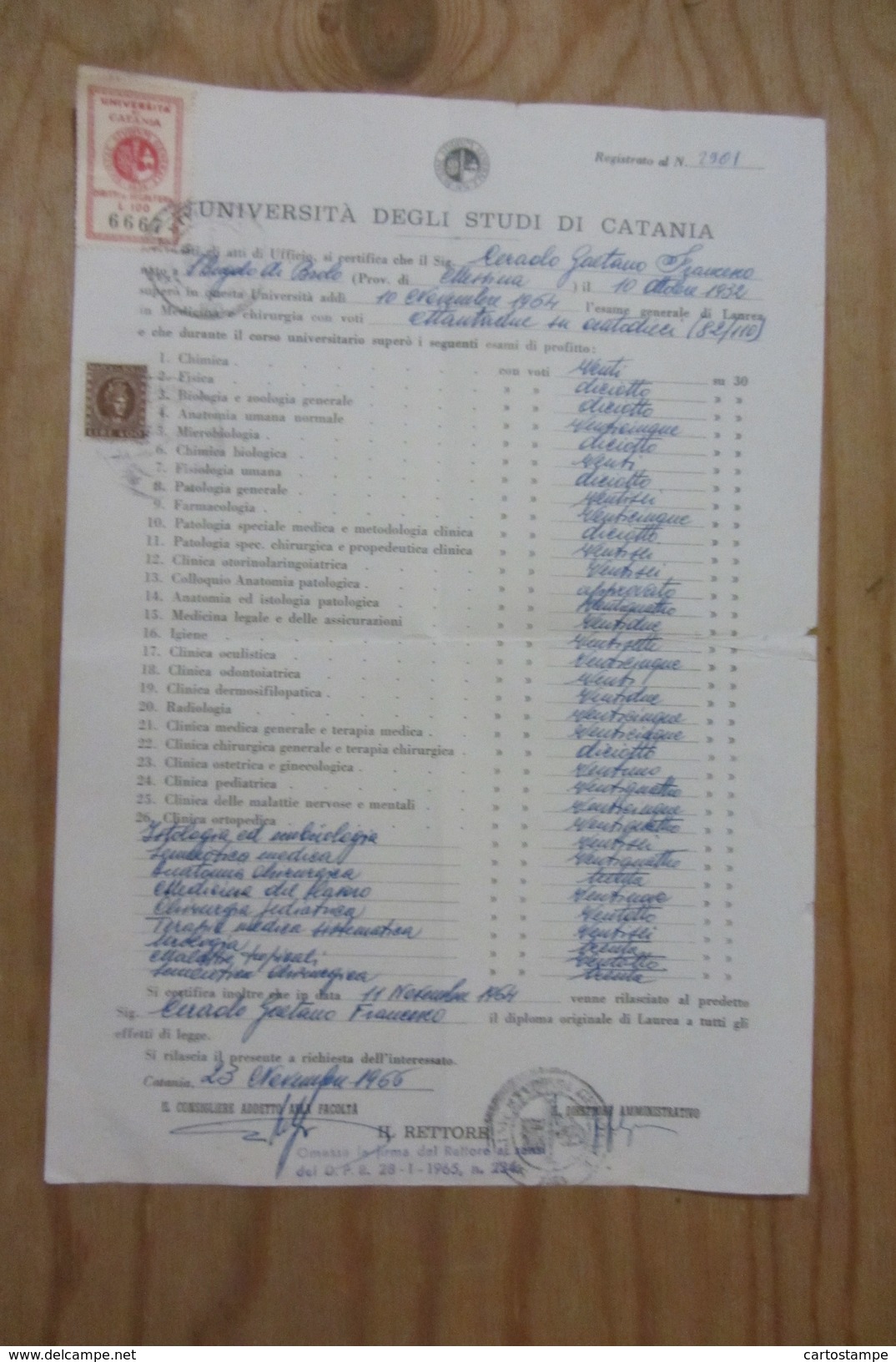 CERTIFICATO DI LAUREA MEDICINA UNIVERSITà CATANIA 1966 FRANCOBOLLO SICILIAE STUDIUM GENERALE L.100 MARCA DA BOLLO L.400 - Collections