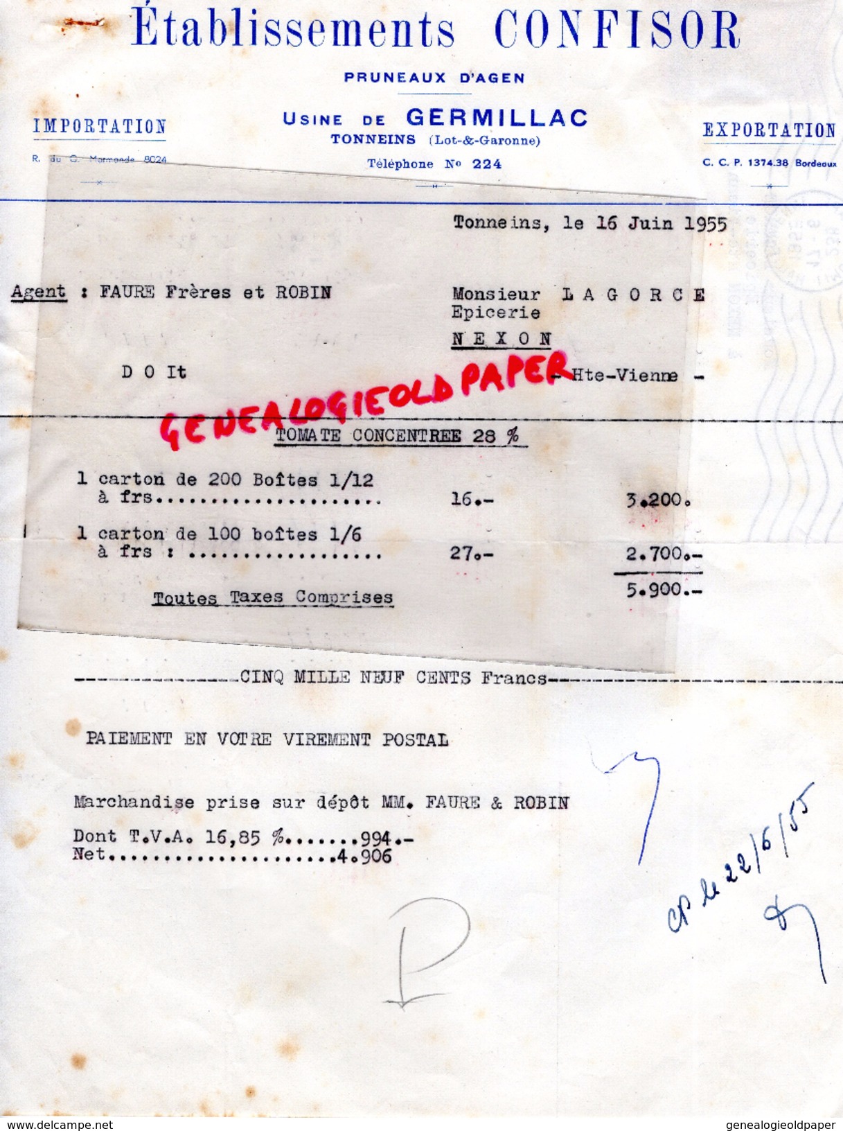 47 - TONNEINS - FACTURE USINE DE GERMILLAC - PRUNEAUX D' AGEN - ETS. CONFISOR - 1955 - 1950 - ...