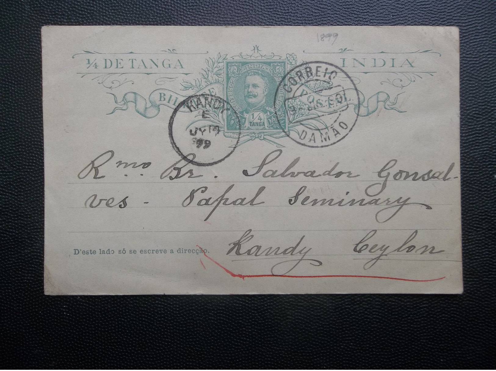 Portugl: 1899 Postal Card To Kandy, Ceylon (#HM9) - Entiers Postaux