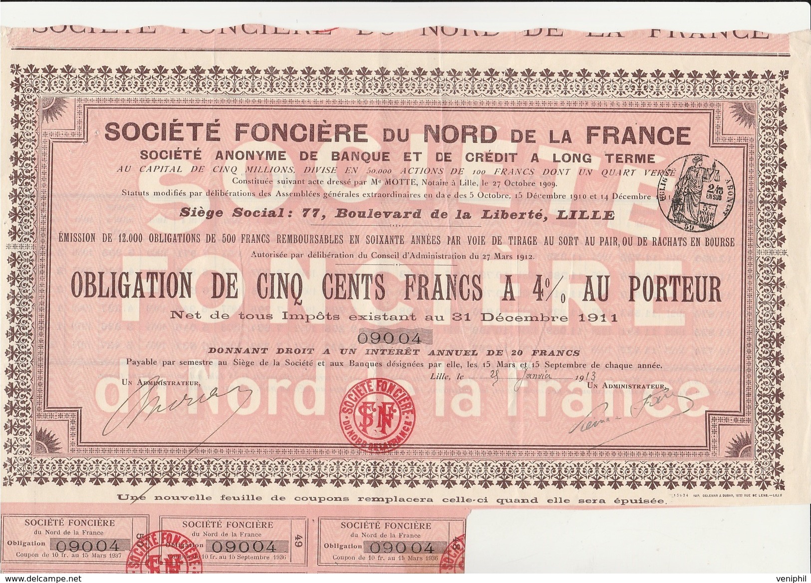 OBLIGATION DE CINQ CENTS FRANCS A 4 % -SOCIETE FONCIERE DU NORD DE LA FRANCE  -ANNEE 1913 - Banca & Assicurazione