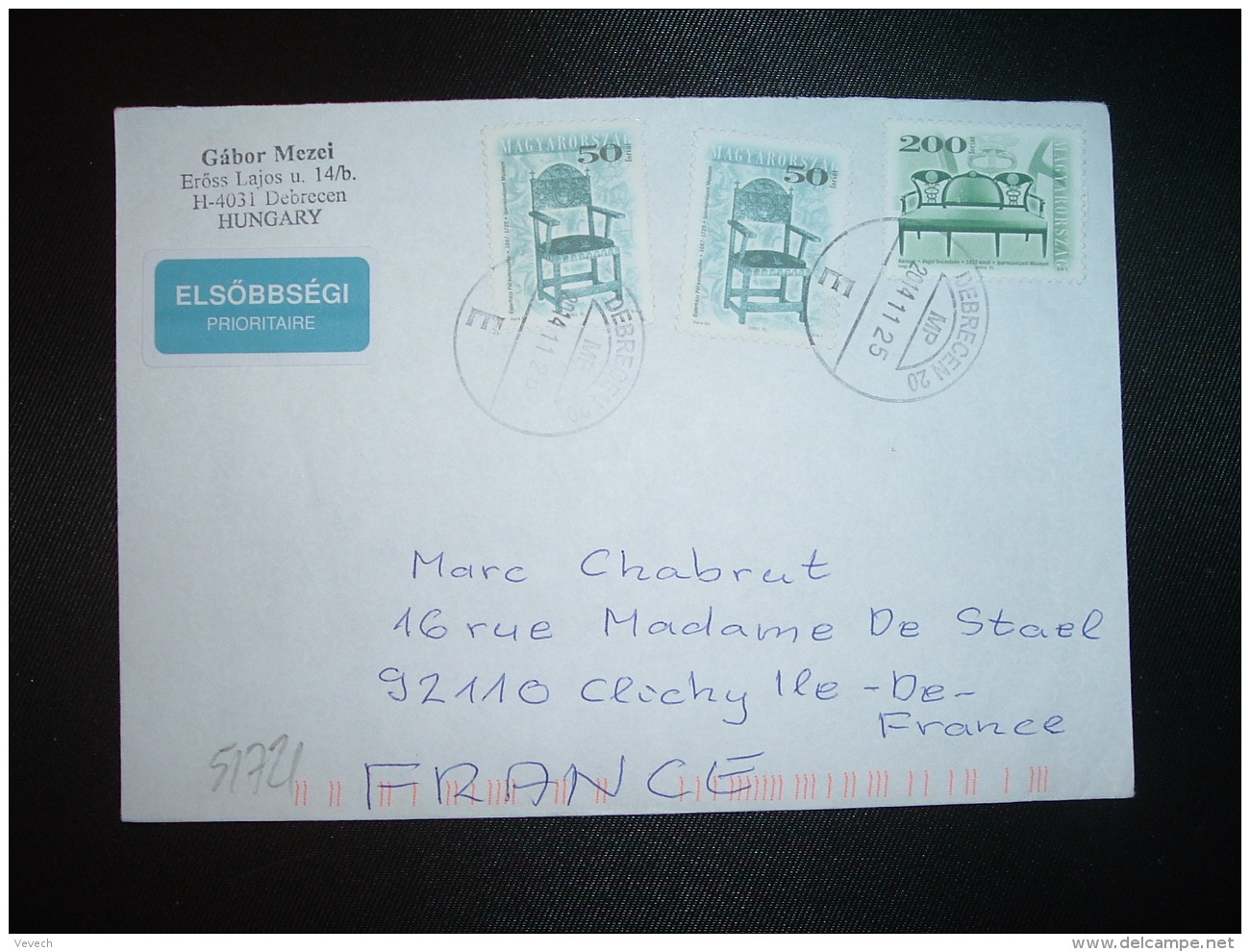 LETTRE Pour FRANCE TP CANAPE 200 + TP CHAISE 50 X2 OBL.2014 11 25 DEBRECEN 20 - Lettres & Documents