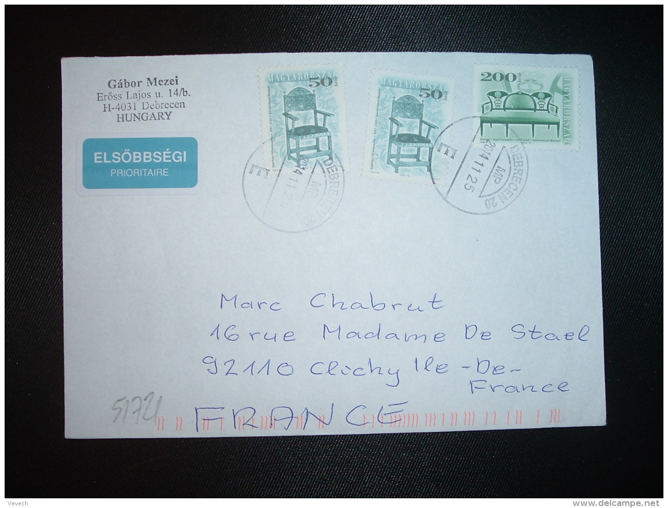 LETTRE Pour FRANCE TP CANAPE 200 + TP CHAISE 50 X2 OBL.2014 11 25 DEBRECEN 20 - Brieven En Documenten