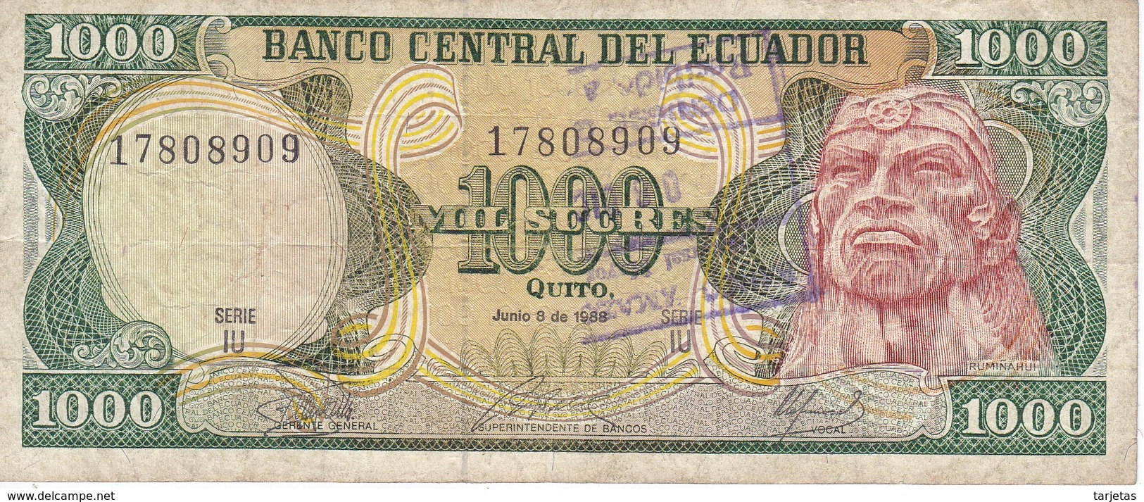 BILLETE DE ECUADOR DE 1000 SUCRES DEL AÑO 1988 CON RESELLO (BANKNOTE) - Ecuador