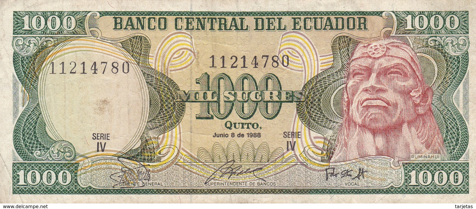 BILLETE DE ECUADOR DE 1000 SUCRES DEL AÑO 1988  (BANKNOTE) - Ecuador