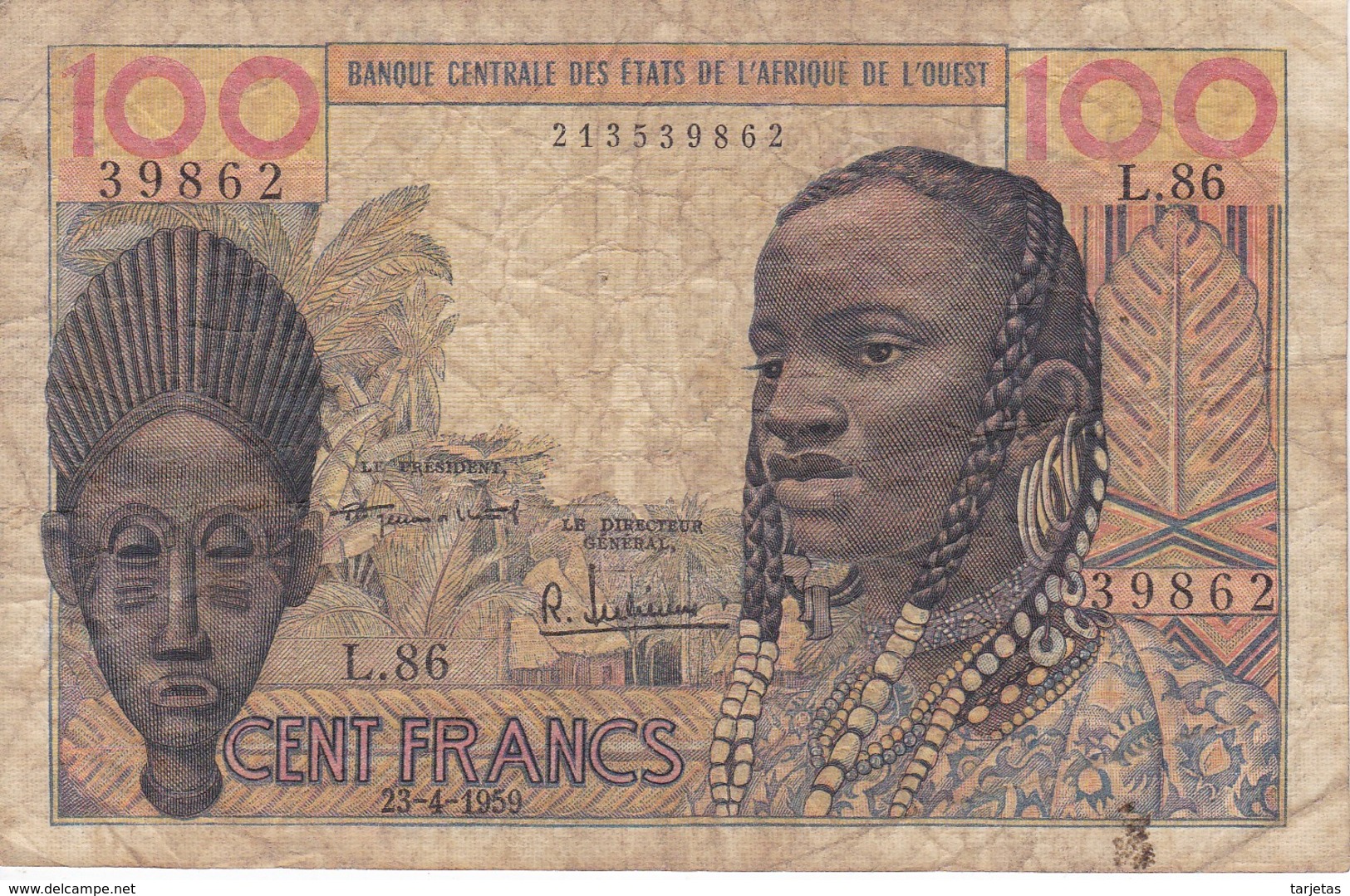 BILLETE DE BANQUE CENTRALE ETATS DE L'AFRIQUE DE L'OUEST DE 100 FRANCS DEL AÑO 1959 - Otros – Africa