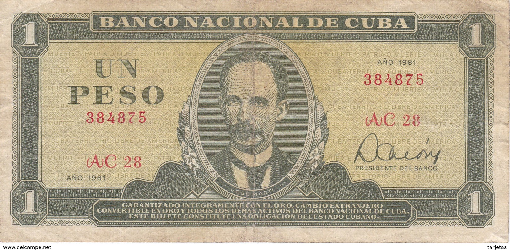 BILLETE DE CUBA DE 1 PESO DEL AÑO 1981   (BANK NOTE)  JOSE MARTI - Cuba