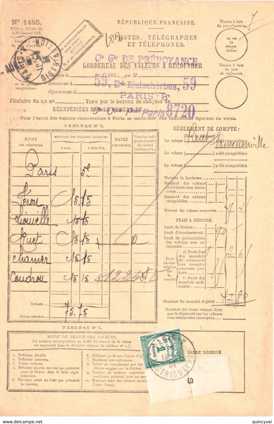 3778 Bordereau Valeur Recouvrée 1485 1F Vert Taxe à Percevoir N°60 Ob PARIS V  Distribution Formule Entière - 1859-1959 Brieven & Documenten