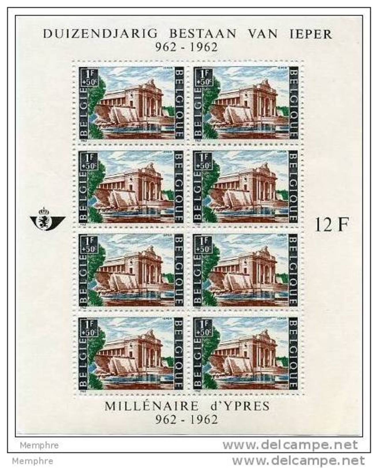 BELGIUM 1962 Yper's 1000th Anniversary  Complete Sheet Of 8 Scott B730 Belgium Catalogue Block 33 - Unused Stamps