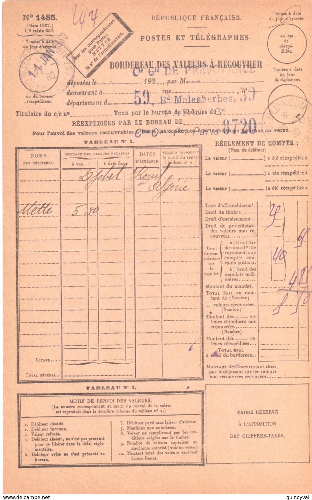 3789 BEL KOUIF Constantine Algérie 1930 Bordereau Valeur Recouvrée 1485 ENTIEREMENT Recouvré Donc Sans Timbre Taxe - Lettres & Documents