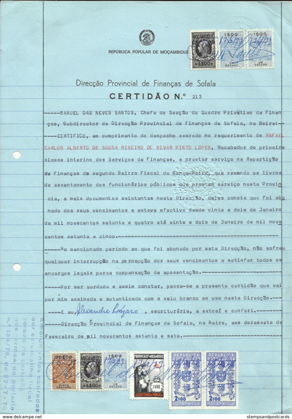 Mozambique Indépendant 1977 Beira Doc Avec Timbres Fiscaux Coloniaux Independent Moçambique Doc Colonial Revenue Stamps - Lettres & Documents