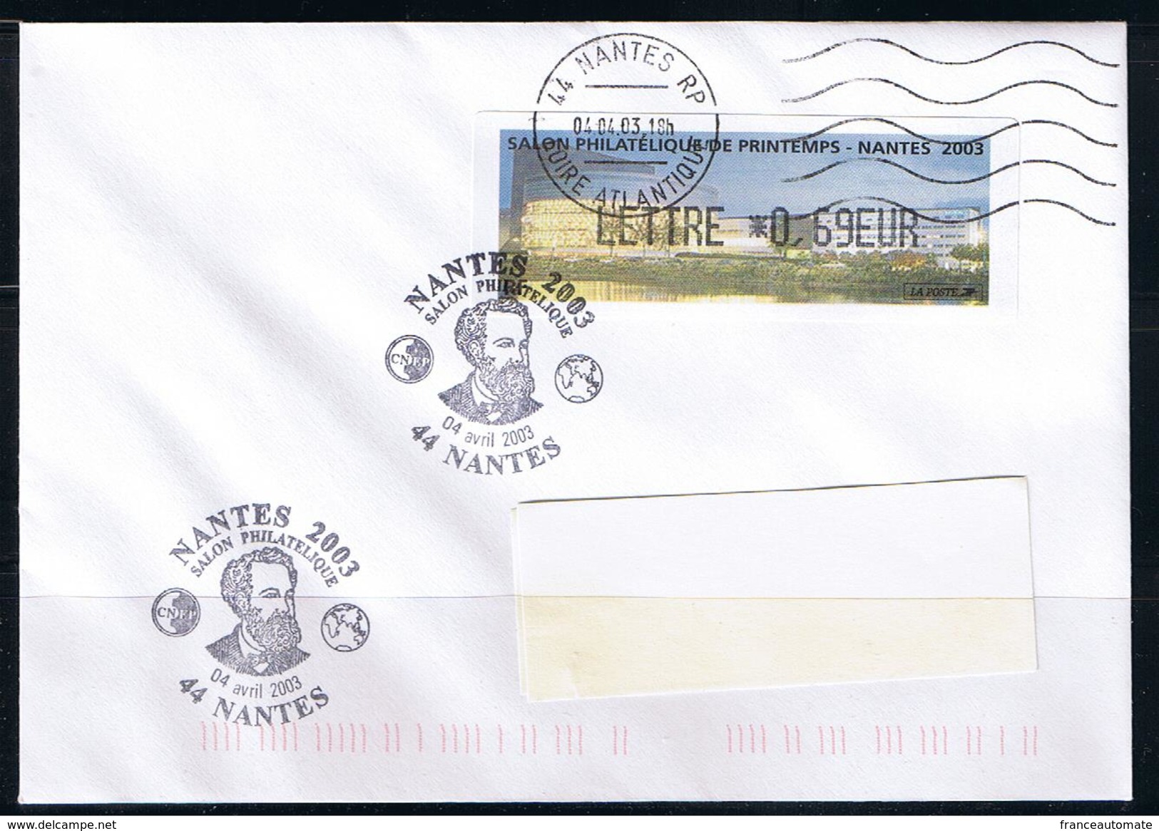 ATM, LISA1, PLI, LETTRE 0.69 EUR, Oblitérée, FDC, JULES VERNE, 4/04/2003, SALON PHILATELIQUE DE PRINTEMPS, NANTES 2003, - 1999-2009 Illustrated Franking Labels